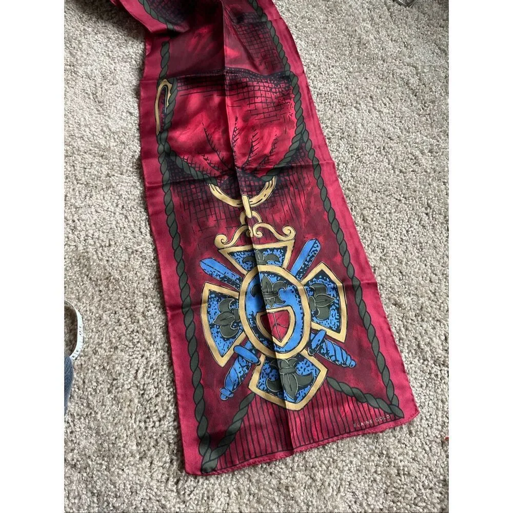 VTG Silk Scarf Elaine Gold Crest Shield Red Gold Equestrian Wrap 50